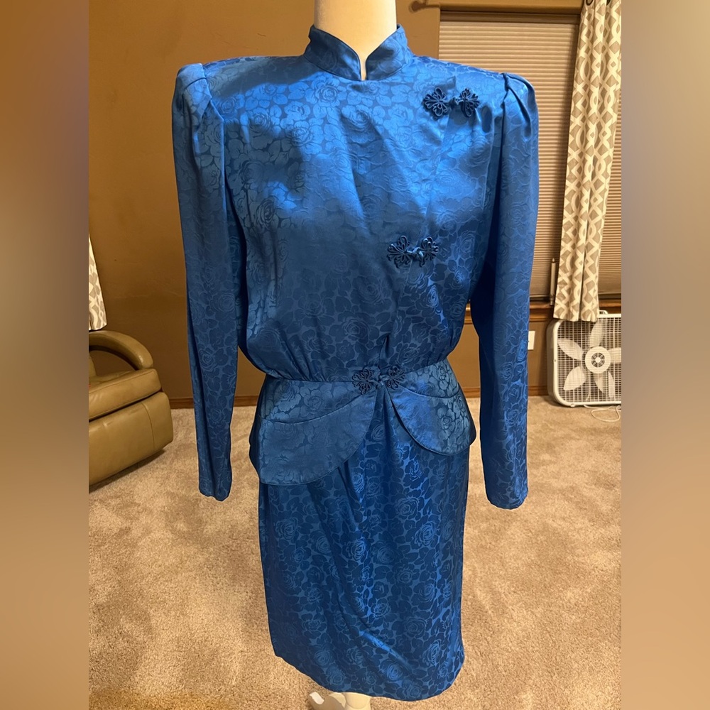 Vintage-Inspired Royal Blue Long Sleeve Jacquard Dress